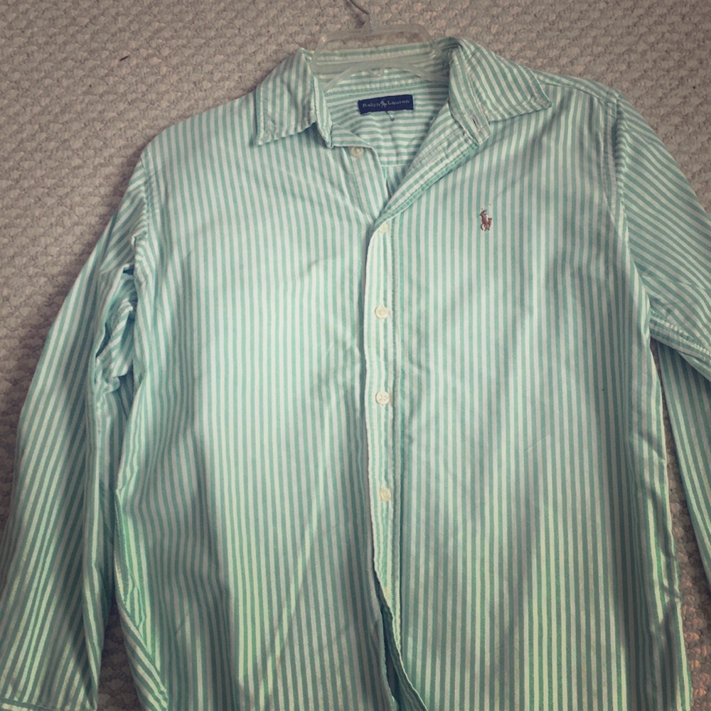 Green and white striped button down